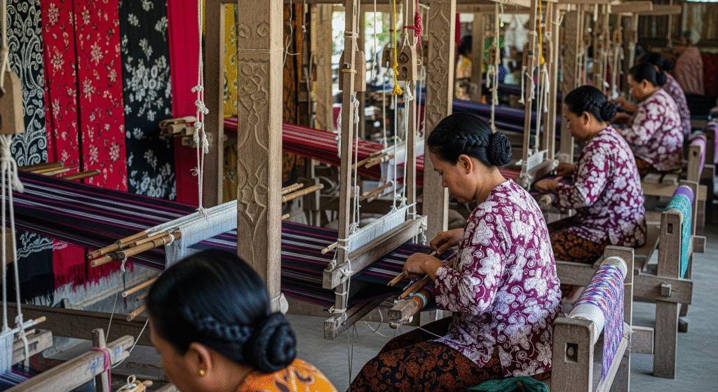Women of the Jepara Weaving Community weaving traditional textiles on handlooms in a workshop.