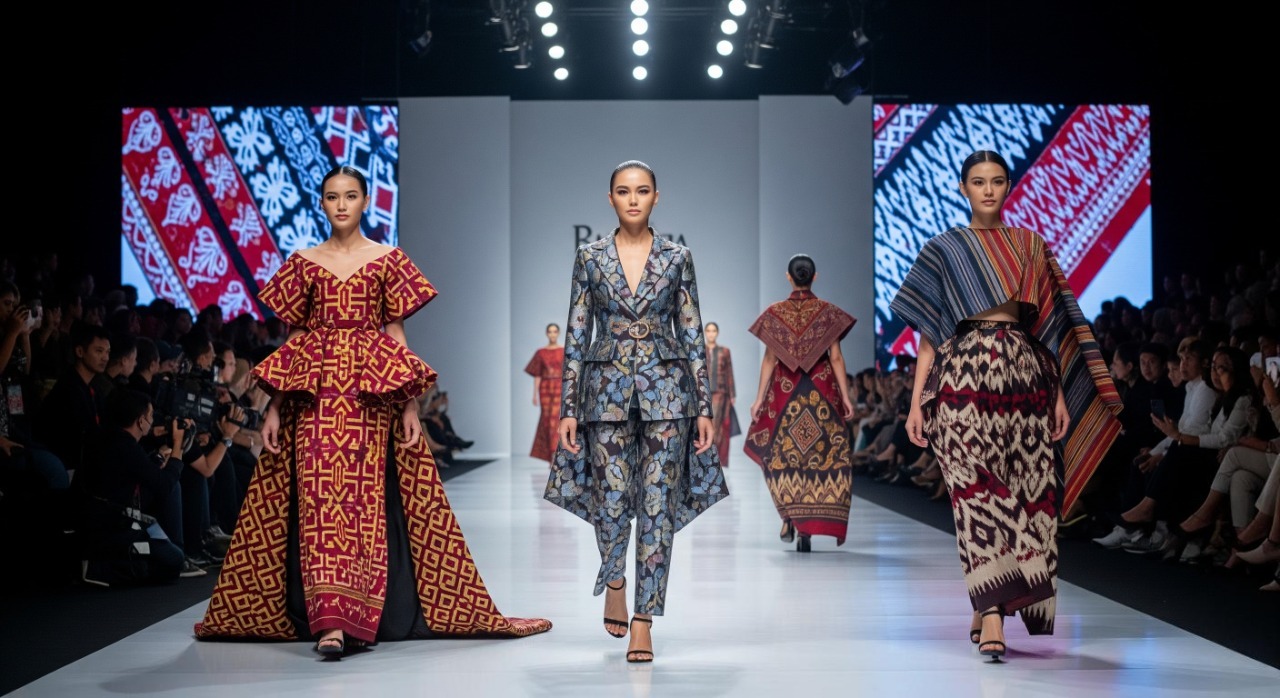 Indonesian woven textile fashion show at Jakarta Fashion Week, featuring models in contemporary tenun outfits with traditional motifs from Sumba and Troso.